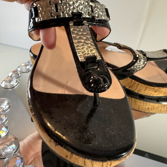 TARYN ROSE, 🌹 Elegant Black and Tan Wedge Shoes with Ornate Metal Buckle EUC - Picture 8 of 13